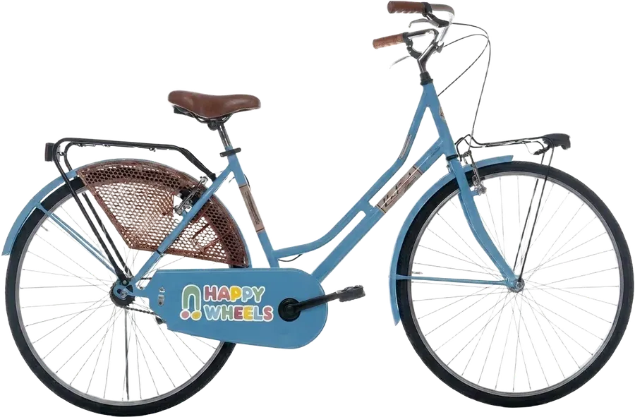Canal Jumper: blue Happy Wheels city bike with a brown saddle and wicker basket