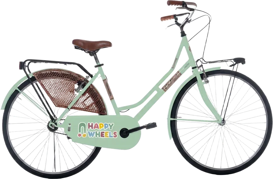 Pistachio Praline: pistachio green Happy Wheels city bike with a brown saddle and basket
