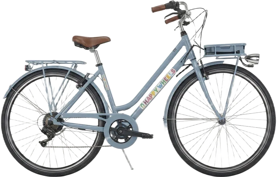 The Swan: light blue electric Happy Wheels bike with a brown saddle and battery on the front rack