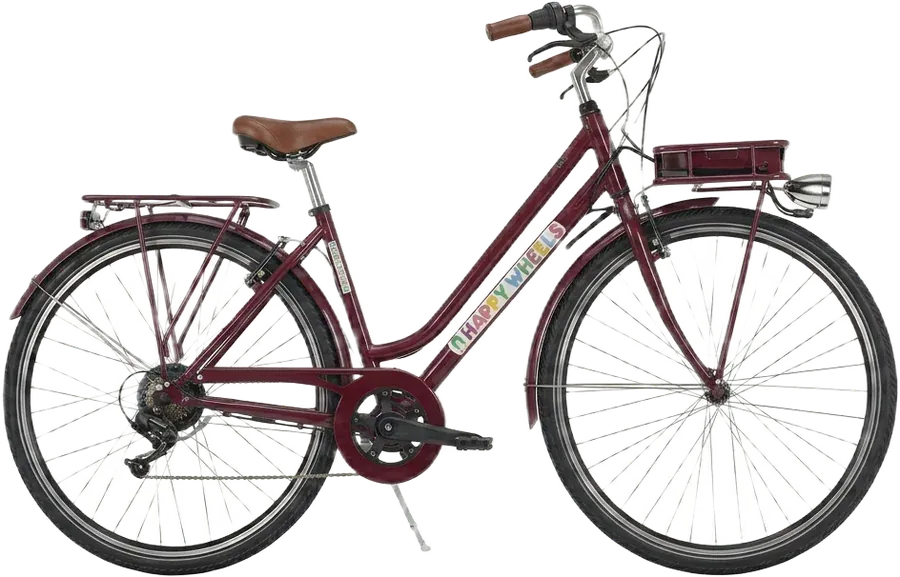 The Trappist: dark red electric Happy Wheels bike with a brown saddle and battery on the front rack